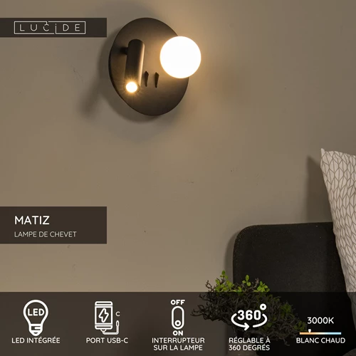 Lucide MATIZ - Lampe de chevet / Applique mural - Ø 16,5 cm - LED - 3000K - Point de rechargement USB - Noir - USP